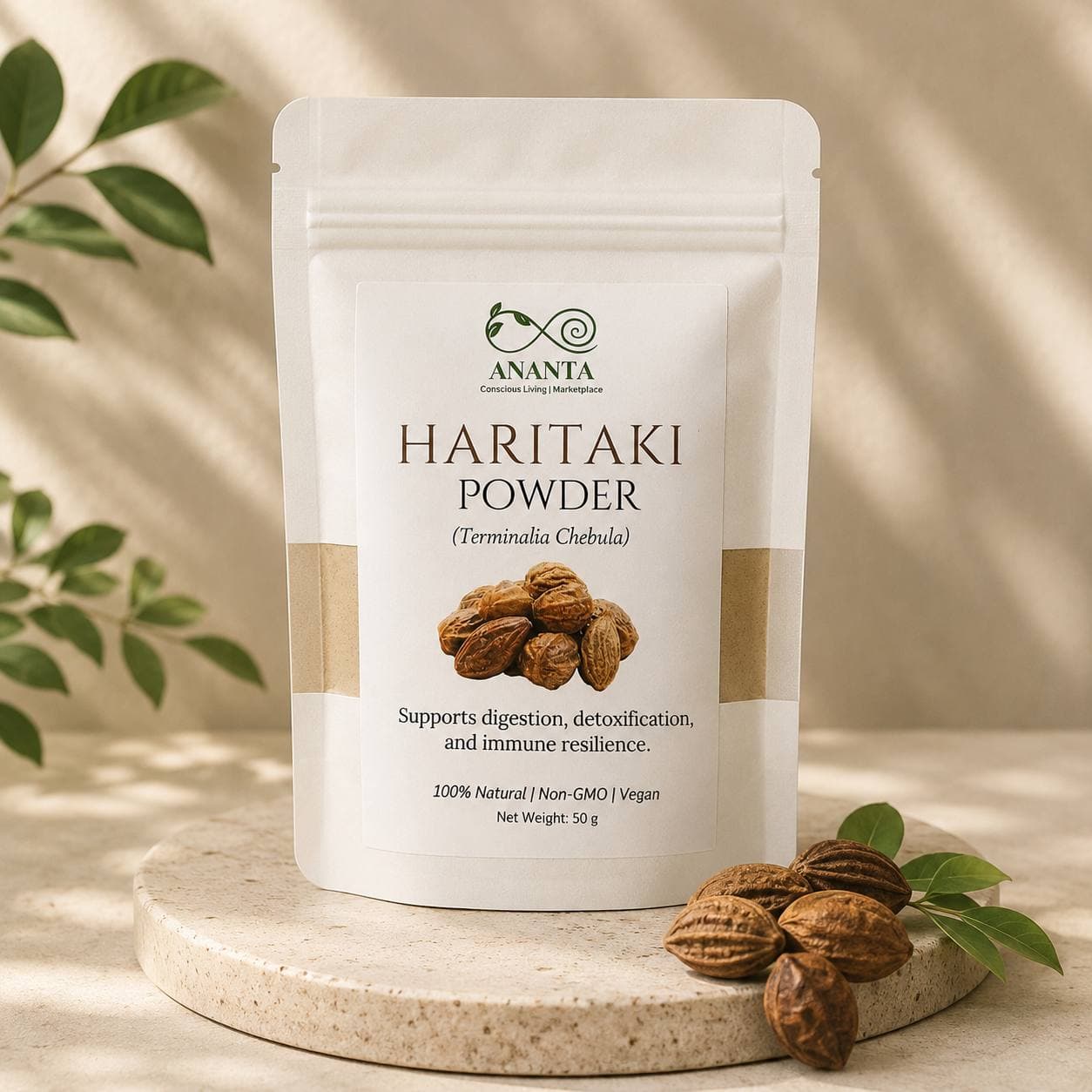 Ananta Haritaki Powder pouch with dried haritaki fruits