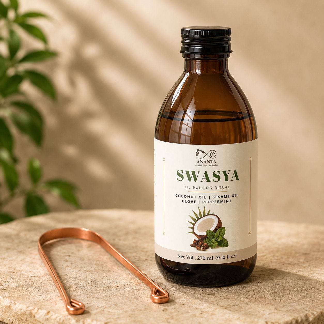 An Ananta Living wellness bottle beside a copper tongue scraper