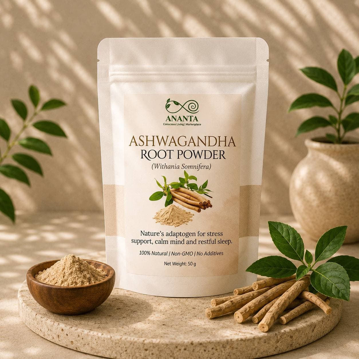 Ananta Ashwagandha Root Powder pouch with dried roots and powder