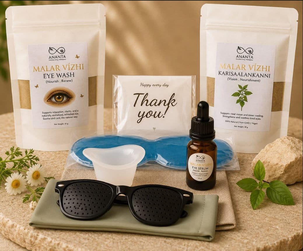 The Malar Vizhi Eye Kit with its eye mask, serum, wash cup and tools