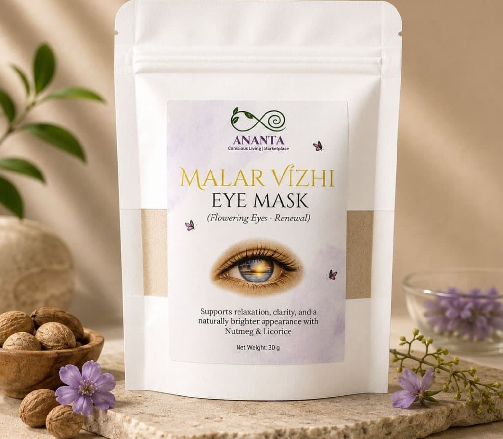 Ananta Malar Vizhi Eye Mask pouch with nutmeg and lilac flowers