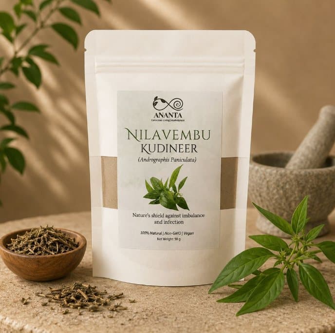 Ananta Nilavembu Kudineer pouch with dried nilavembu herbs and a stone mortar