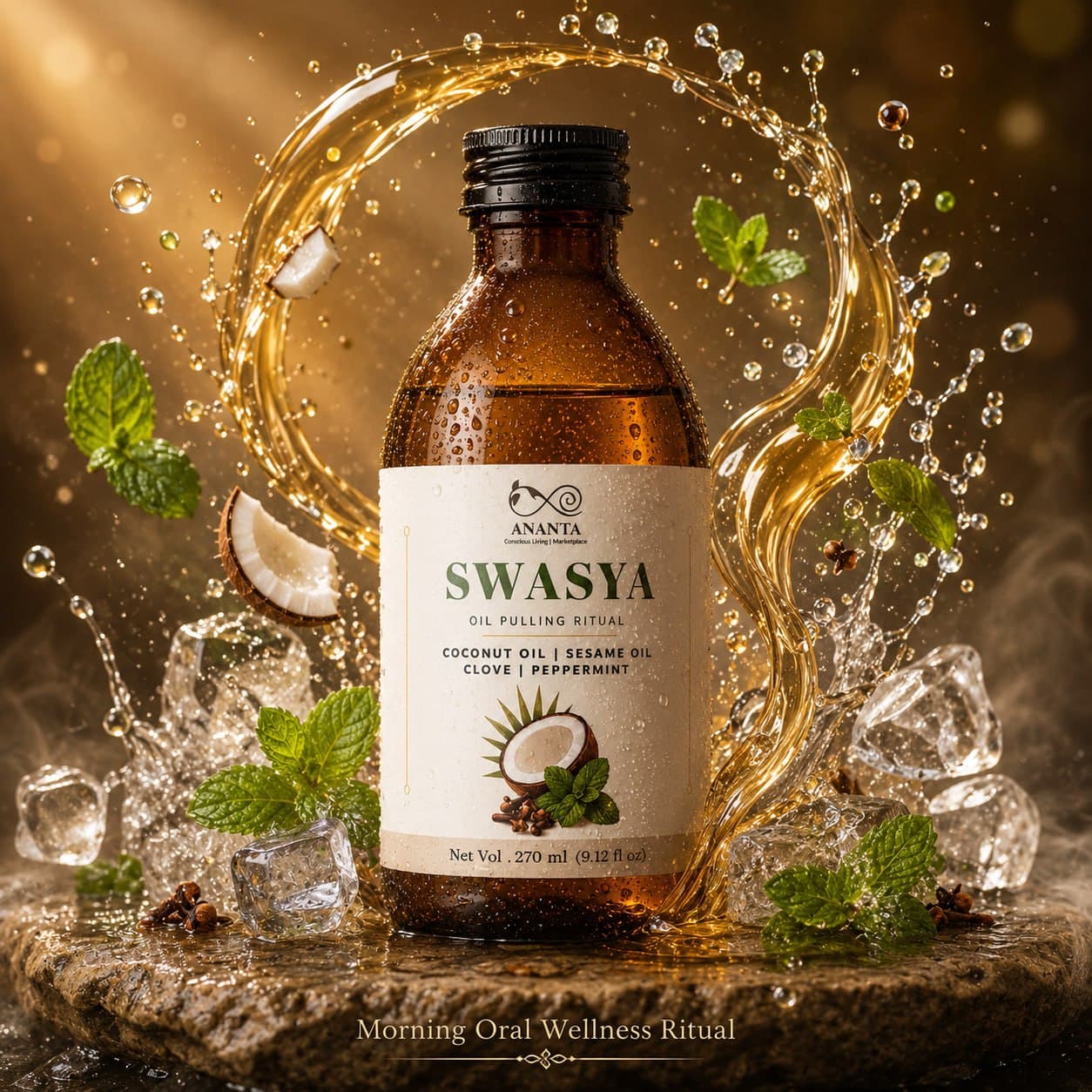 Swasya Oil Pulling Ritual bottle surrounded by a swirl of golden oil, mint and coconut