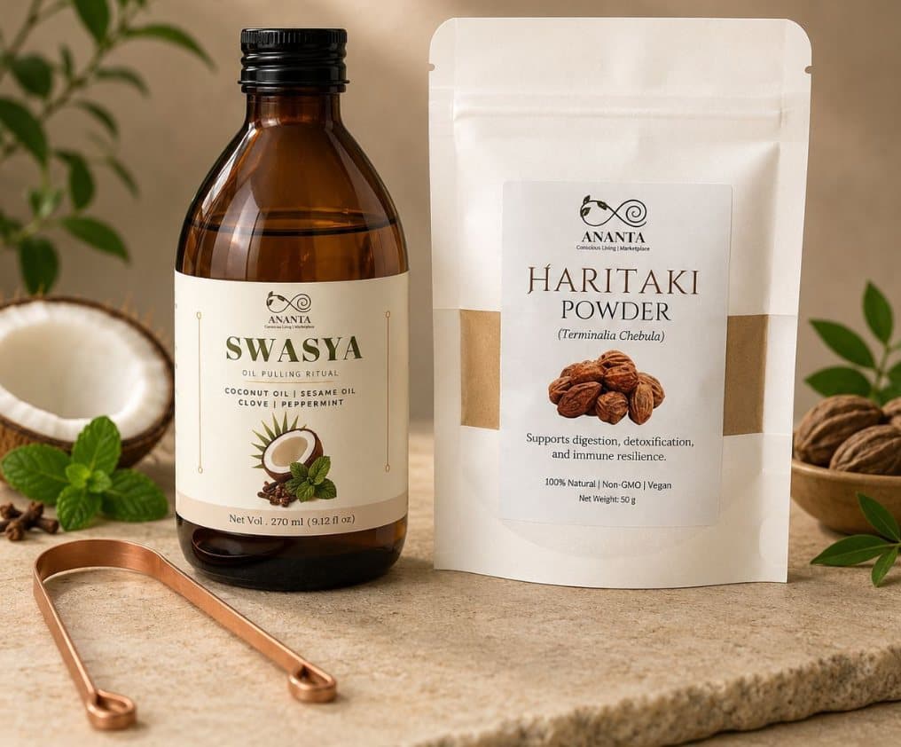The complete Swasya Oral Kit - oil pulling bottle, Haritaki powder pouch and copper tongue scraper