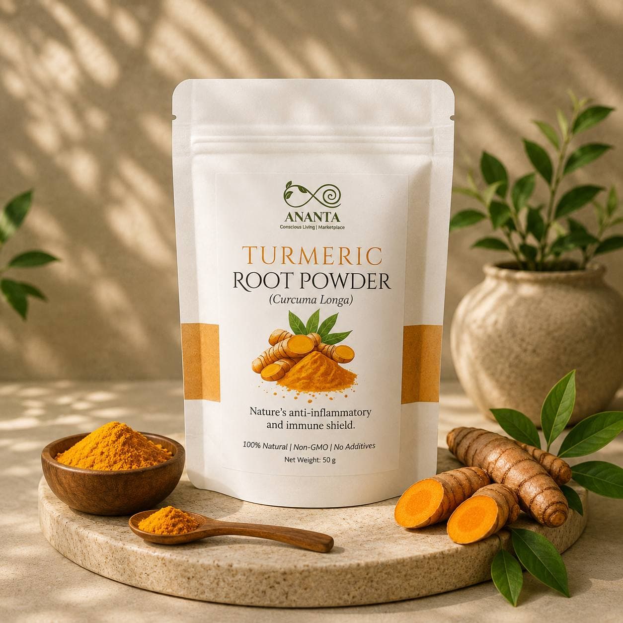Ananta Turmeric Root Powder pouch with fresh turmeric roots